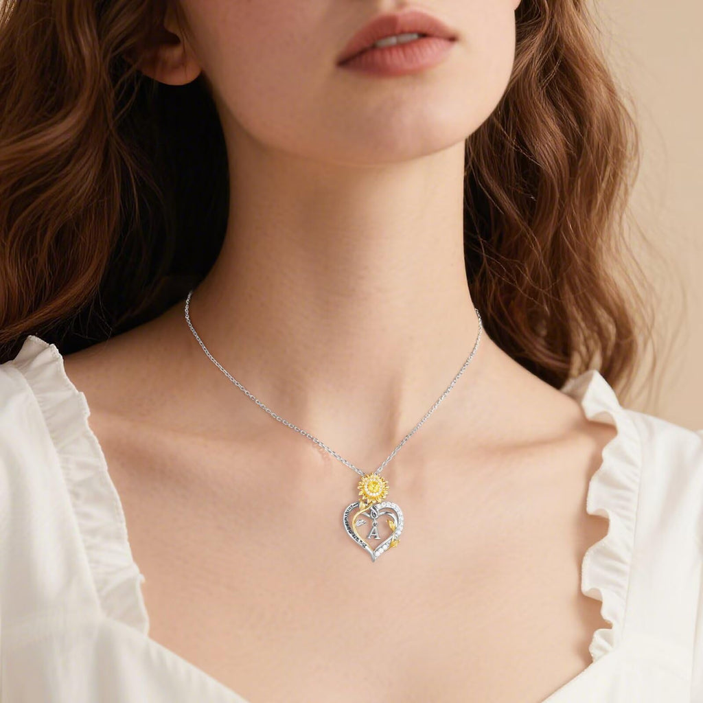 Iefil Valentines Day Gifts for Her Women - Anniversary Women Gifts, Sunflower Heart Initial Necklace, Sunflower Womens Jewelry
