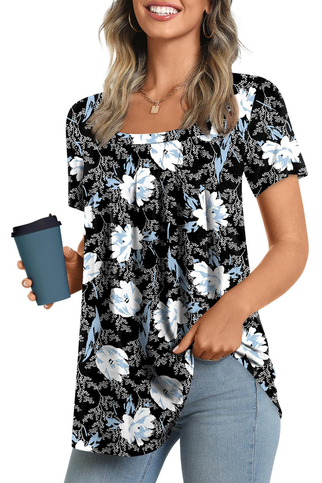 LONGYUAN Womens Tunic Tops 2025 Summer Casual Square Neck Shirts Print 2X-Large White Lily