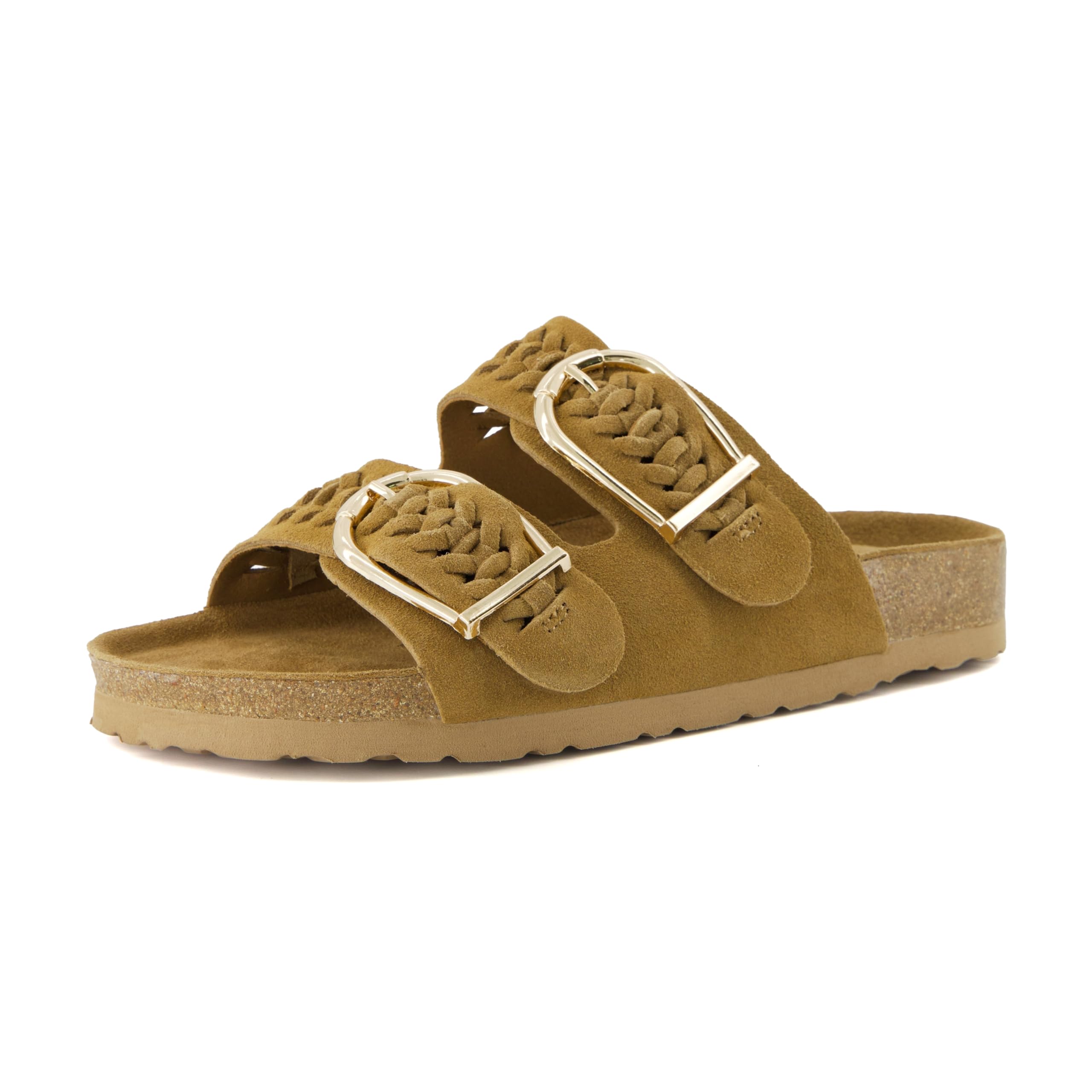 CUSHIONAIRE Cashew Slip On Womens Sandals, Genuine Suede Leather Braided Double Strap Slide On Sandals with Adjustable Big Buckle for Women 2026, Chestnut 8