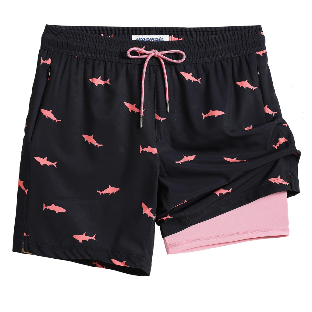 Maamgic Swim Trunks Men 2 in 1 Bathing Suit, Quick Dry Men Swimming Trunks with Zipper Pockets, 7 Inch