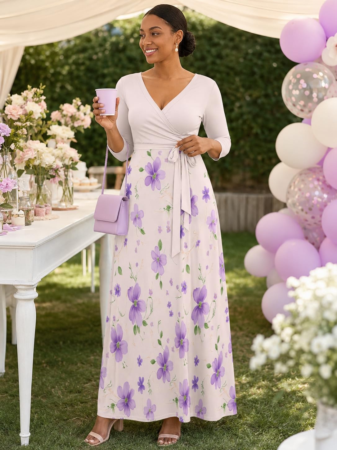 PinkPatty Plus Size Maxi Dress for Women Casual V Neck 3/4 Sleeve Boho Printed Long Dress with Pockets (Floral27 2XL)