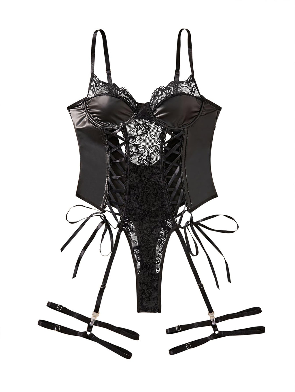 Lilosy Sexy Lace Up Floral Garter Underwire Teddy Bodysuit Lingerie Belt Women Top One Piece PU Black Petite 2X-Small