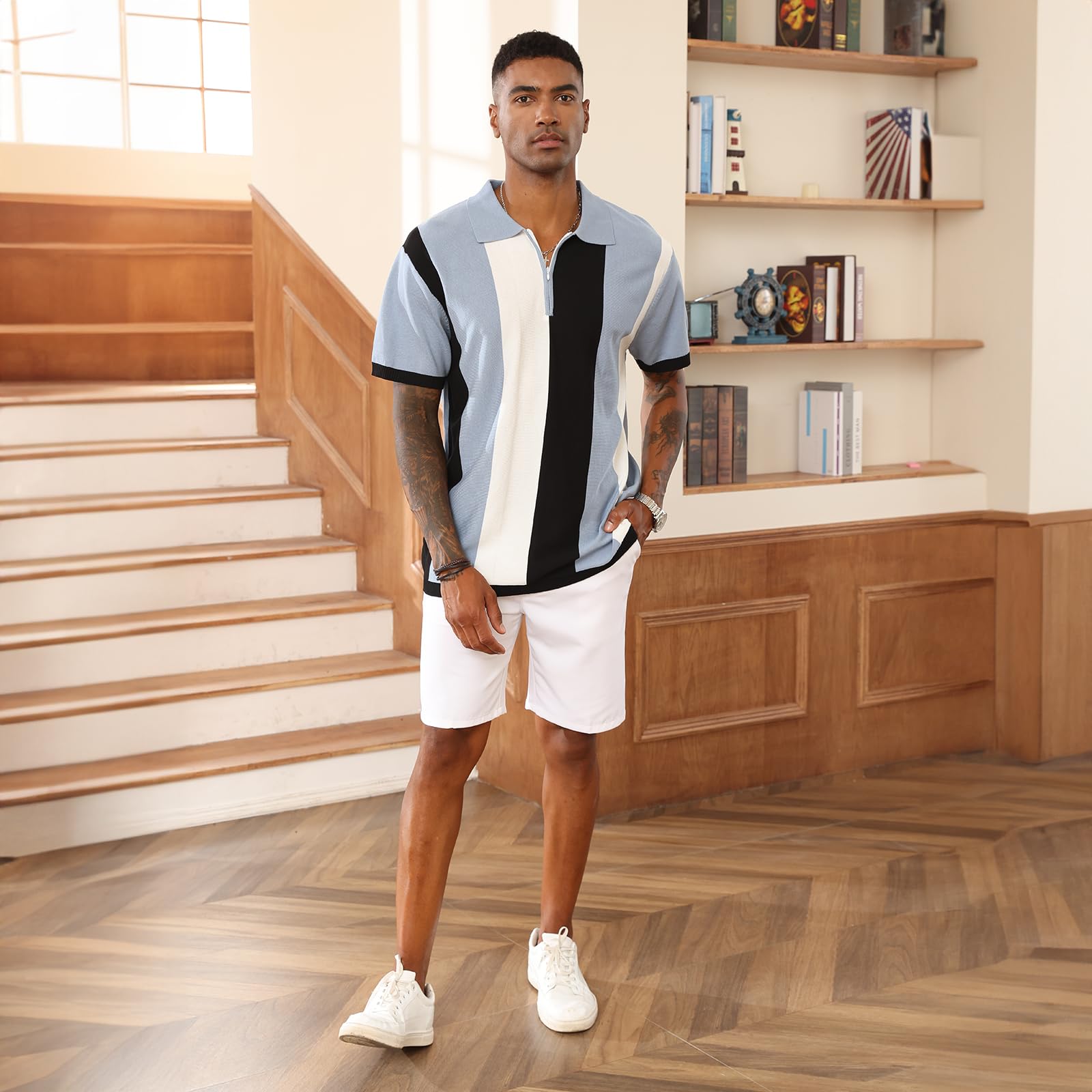 Men's Fashion Polo Shirts Vintage Striped Knitting Shirts Casual Slim Fit Golf Shirts Blue