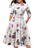 Simple Flavor Women's Floral Vintage Dress Elegant Autumn Midi Evening Dress 3/4 Sleeves (Beige, M)