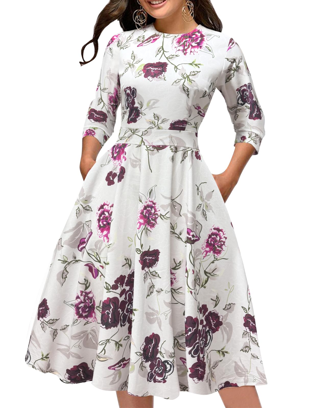 Simple Flavor Women's Floral Vintage Dress Elegant Autumn Midi Evening Dress 3/4 Sleeves (Beige, M)