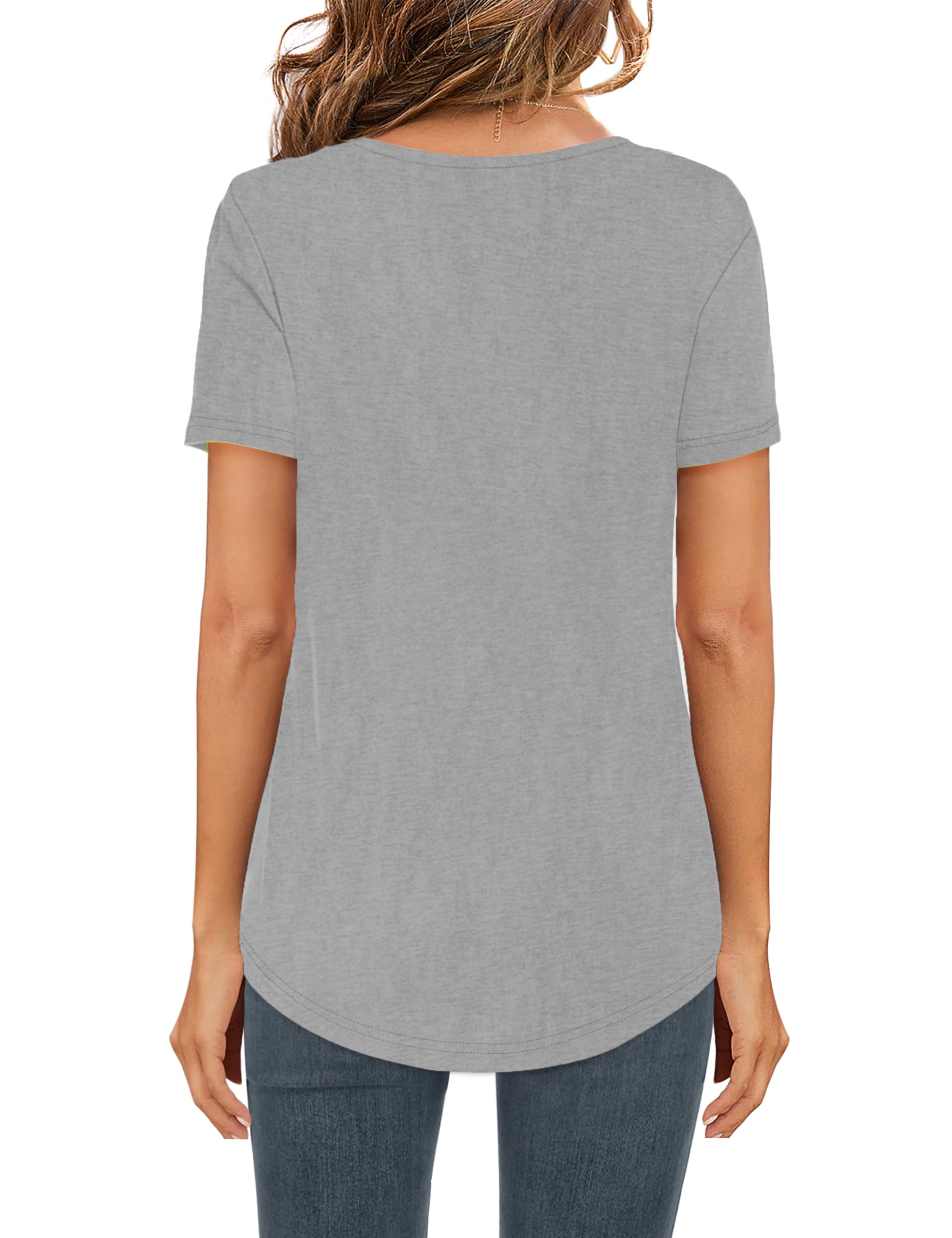 Elesomo Women Tops Casual Short Sleeve V Neck Curved Hem Cotton Tee Shirts, Grey L