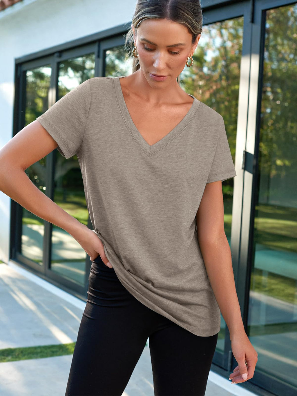 AUTOMET T-Shirts Short Sleeve V Neck Tees Tops for Women Fashion Trendy Lightweight Soft Casual Summer Outfits Clothes 2026 CoffeGrey XL