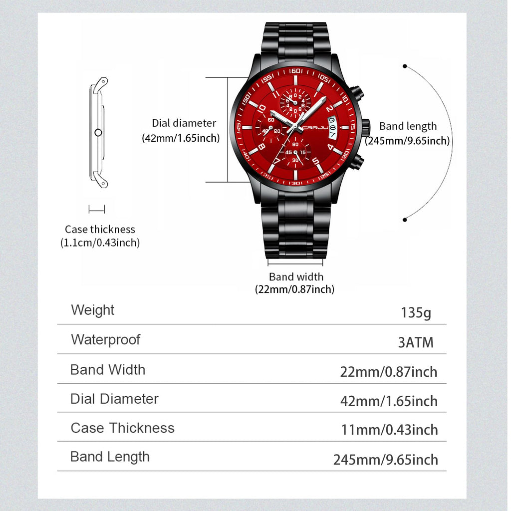 CRRJU Watches Men's Fashion Luxury Stainless Steel Watches Date Waterproof Chronograph Wristwatches,Casual Business Japan Movement Quartz Watch(Black red)