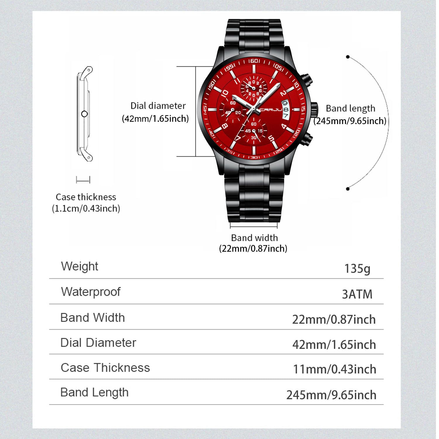 CRRJU Watches Men's Fashion Luxury Stainless Steel Watches Date Waterproof Chronograph Wristwatches,Casual Business Japan Movement Quartz Watch(Black red)