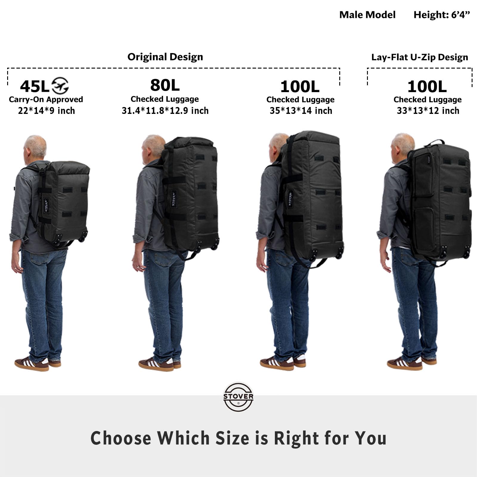 STOVER 45/80/100L Rolling Duffel Bag with Wheels, X-Large Durable Travel Duffle + Toiletry Bag, Heavy Duty, Packable with Shoulder Straps- Use as Luggage or Backpack, Men/Women (Green)