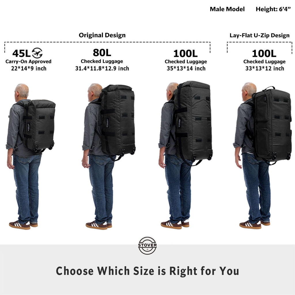 STOVER 45/80/100L Rolling Duffel Bag with Wheels, X-Large Durable Travel Duffle + Toiletry Bag, Heavy Duty, Packable with Shoulder Straps- Use as Luggage or Backpack (Camouflage)