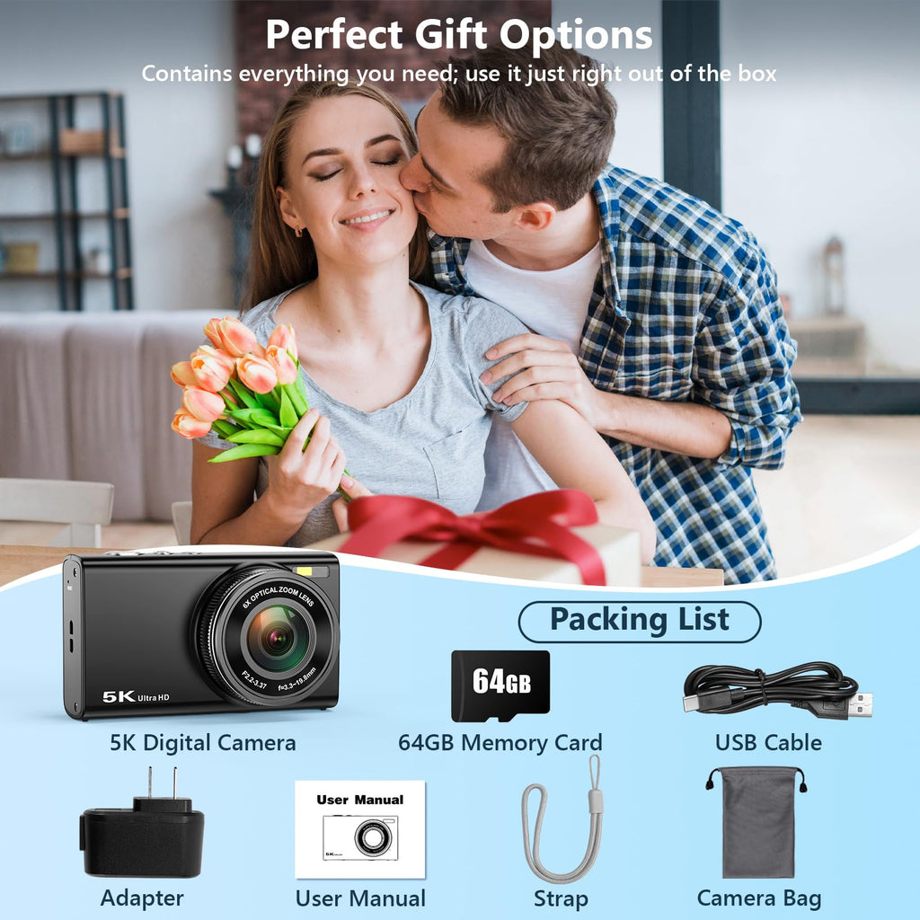 5K 96MP Digital Camera for Photography with 6X Optical Zoom,2026 Upgraded Autofocus Vlogging Camera for YouTube with Dual Lens, 64GB Card, Flash, Anti-Shake, Compact Point and Shoot Digital Cameras