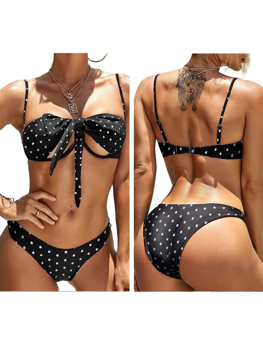 Lilosy Sexy Cute Underwire Push Up Cutout Halter Criss Cross High Cut Leg Thong Brazilian Bikini Swimsuit Set Women Cheeky Bottom Bathing Suit 2 Two Piece Polka Dot Black Medium