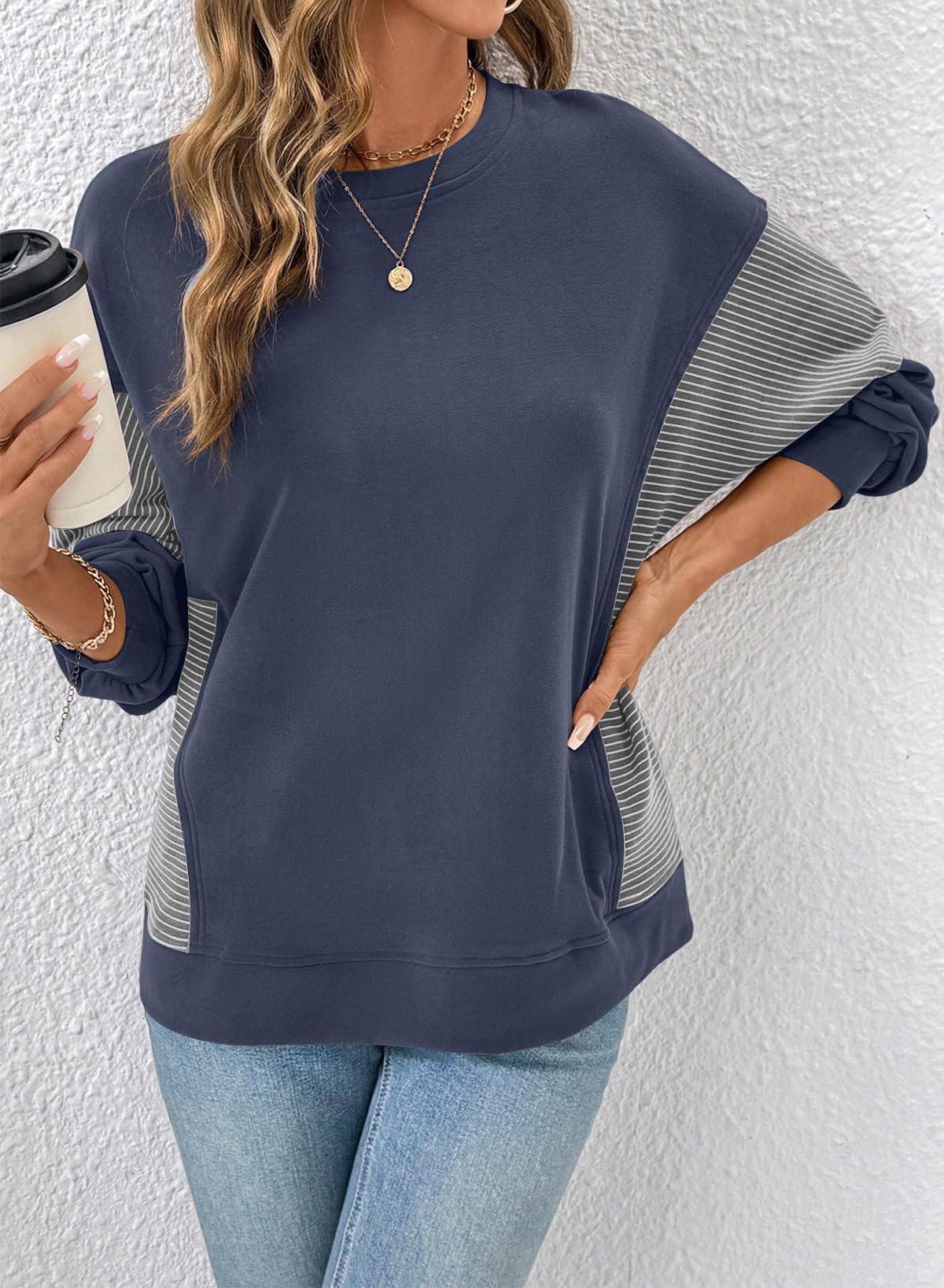 Dokotoo Oversized Hoodies for Women Crew Neck Sweatshirts For Women Trendy Long Sleeve Tops Loose Soft Pullover Cute Shirts Vacation Outfits Plus Size Fall Fashion Winter Clothing Blue Sweatshirt L