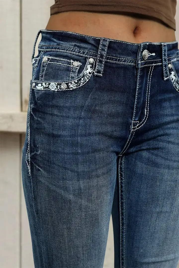 Flamingals Embroidered Bootcut Jeans for Women Mid Rise Stretchy Criss Cross Graphic Curvy Bell Bottom Jeans Navy Blue M