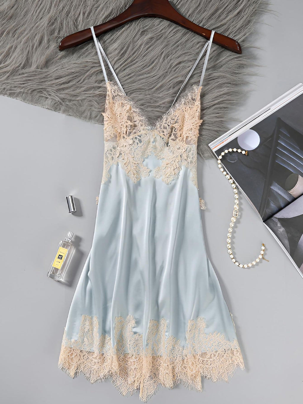 Lilosy Petite Sexy Silk Lace Up Backless Satin Applique Floral Lace Babydoll Lingerie Dress with Tong 2 Piece Women Panty Chemise Negligee Blue XX-Small