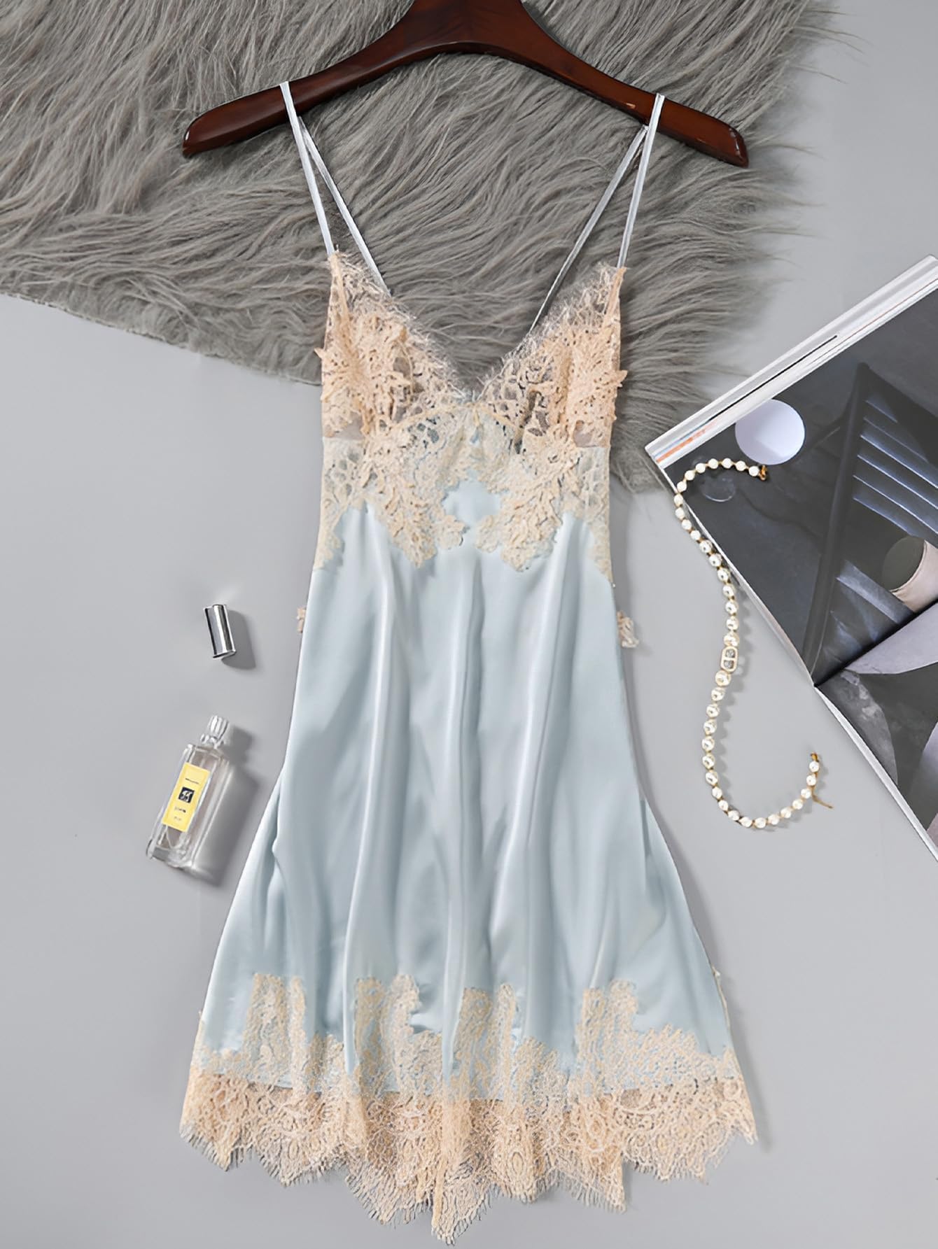 Lilosy Petite Sexy Silk Lace Up Backless Satin Applique Floral Lace Babydoll Lingerie Dress with Tong 2 Piece Women Panty Chemise Negligee Blue XX-Small