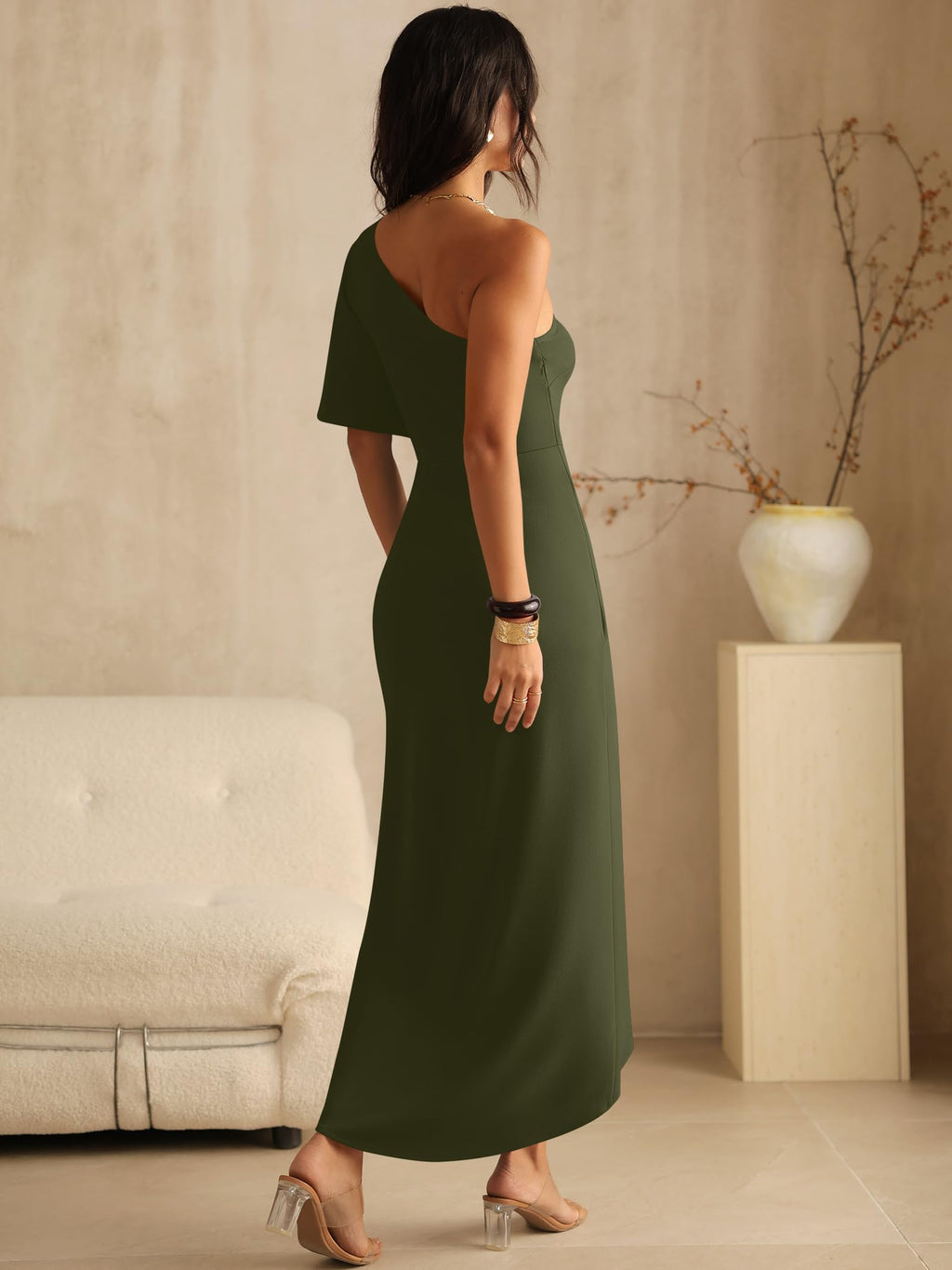 ANRABESS Womens One Shoulder Formal Midi Dresses 2026 Summer Wrap High Slit Beach Wedding Guest Party Cocktail Maxi Dress Army Green Small