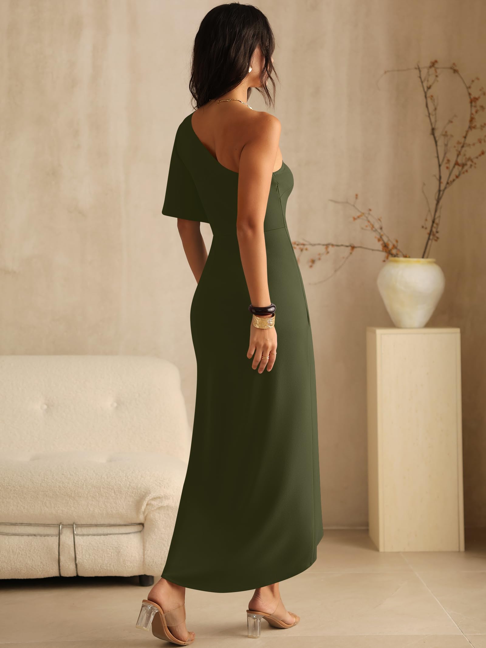 ANRABESS Womens One Shoulder Formal Midi Dresses 2026 Summer Wrap High Slit Beach Wedding Guest Party Cocktail Maxi Dress Army Green Small