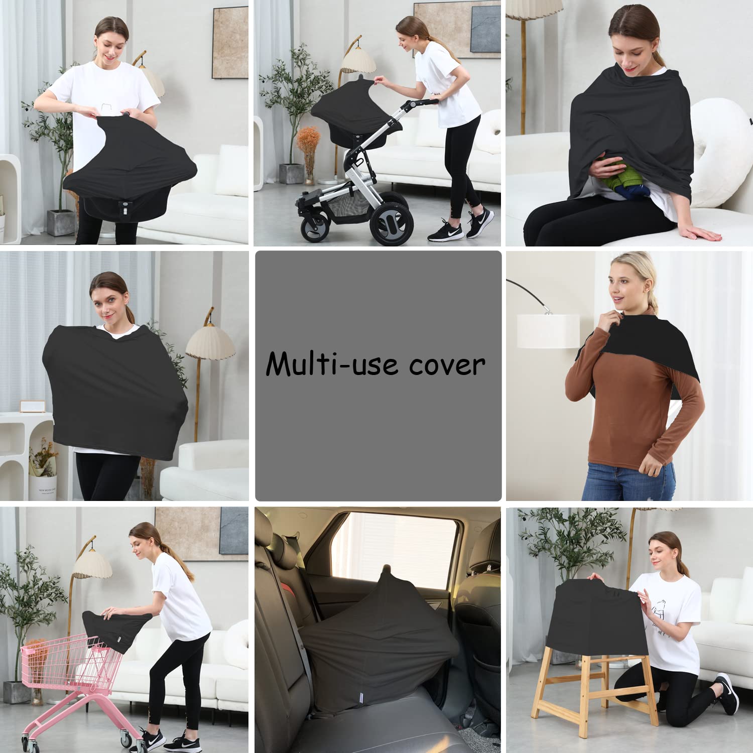 Carseat Covers for Baby Breastfeeding – Multi use Car Seat Canopy Cover, Infant Stroller Canopy Cover for Boy and Girls (Black Print)