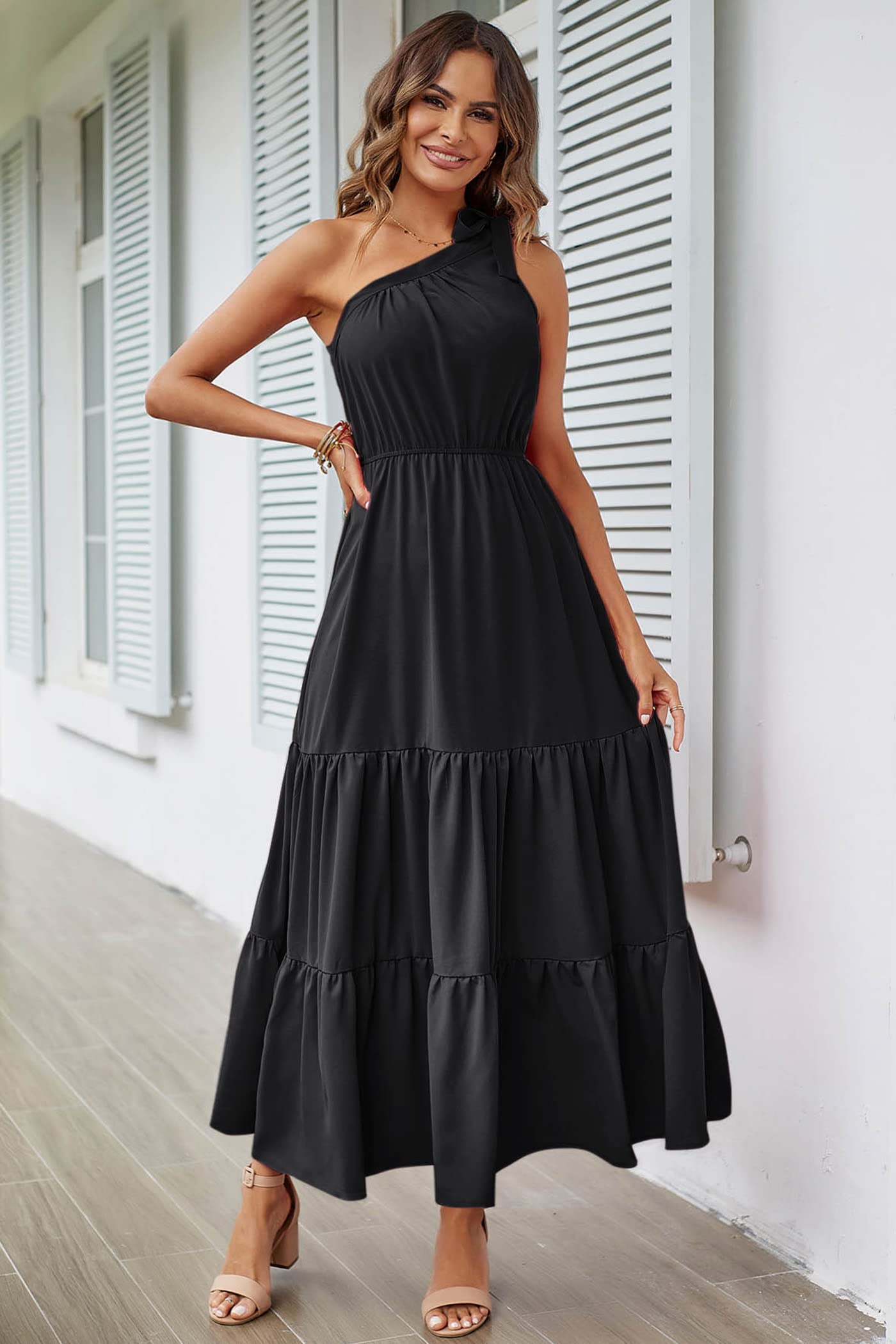 PRETTYGARDEN Women's Summer Floral Maxi Dress Knot One Shoulder Sleeveless Ruffle Flowy Boho Beach Wedding Guest Dresses (Solid Black,XX-Large)