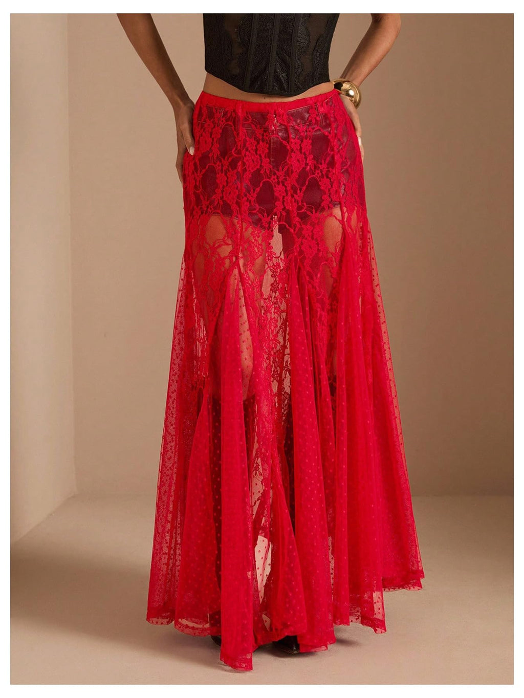 WDIRARA Women's Sexy See Through Sheer Lace Maxi Skirt Low Waist Ruffle Hem A Line Flowy Skirt Red Small