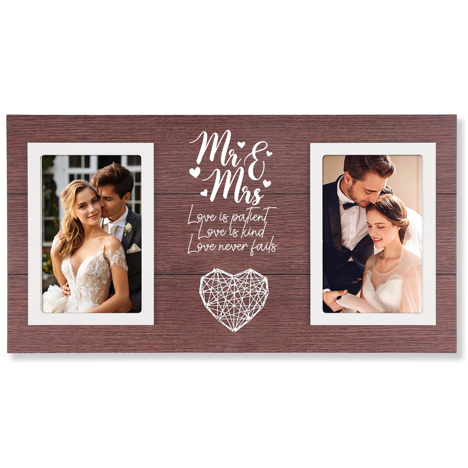 Calibron Personalized Wedding Gifts for Couples, Bridal Shower Gift for Bride, Mr & Mrs Photo Frame Holds 2pcs 4x6 Pictures, Unique Wedding Gifts for Newlyweds(Red Brown)