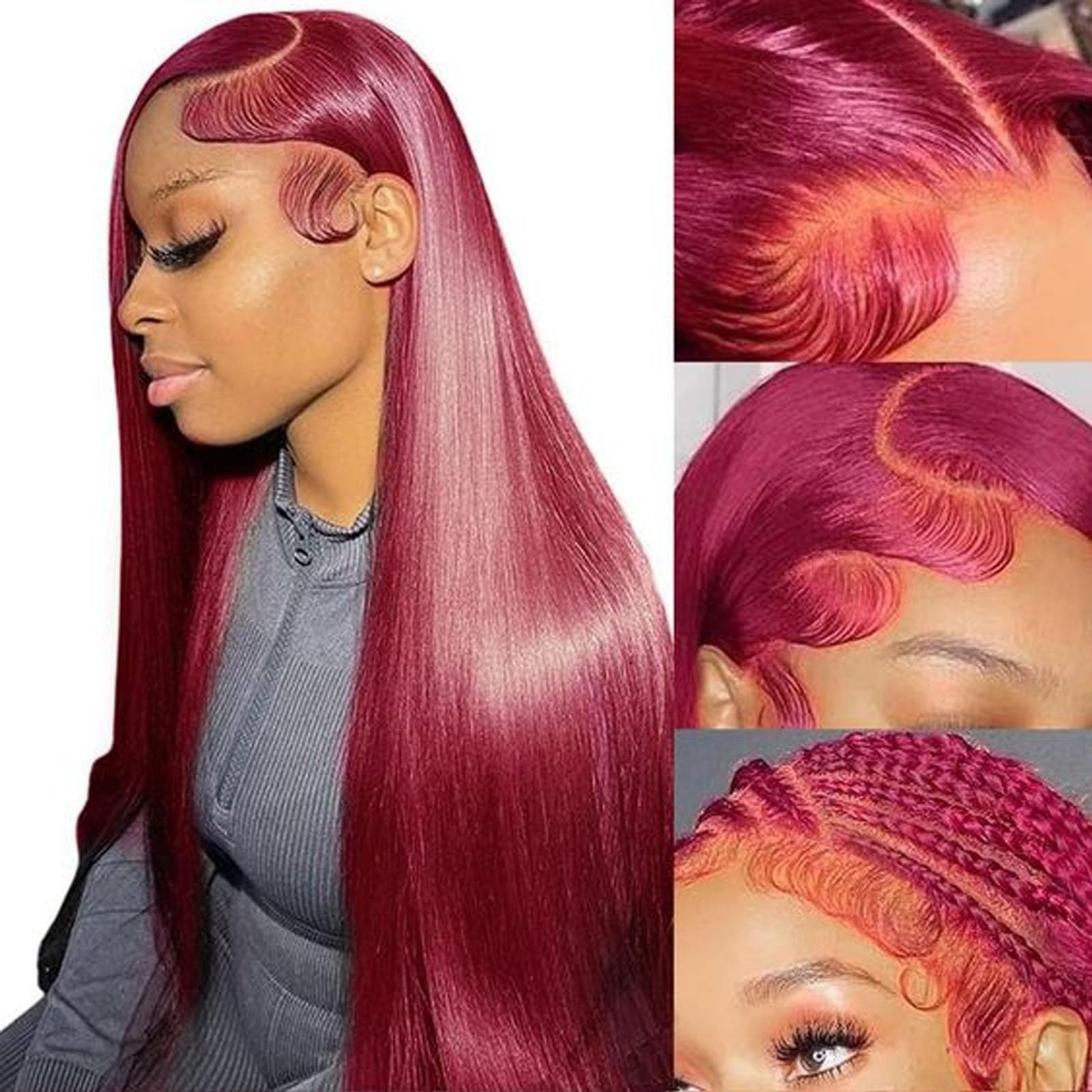 Fiumer Burgundy Wig Human Hair 26inch 13x6 HD Transparent Lace Straight 99J Red Human Hair Wig Colored Reddish Brown Lace Frontal Wigs 180% Density Pre Plucked