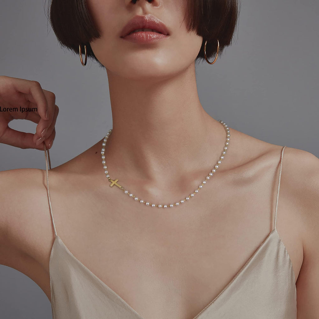Tewiky 14K Gold Plated Cross Necklace for Women, Gold Pearl Necklace with Cross Pendant Dainty Sideway Cross Choker Necklace Trendy Faith Jewelry Religious Gifts