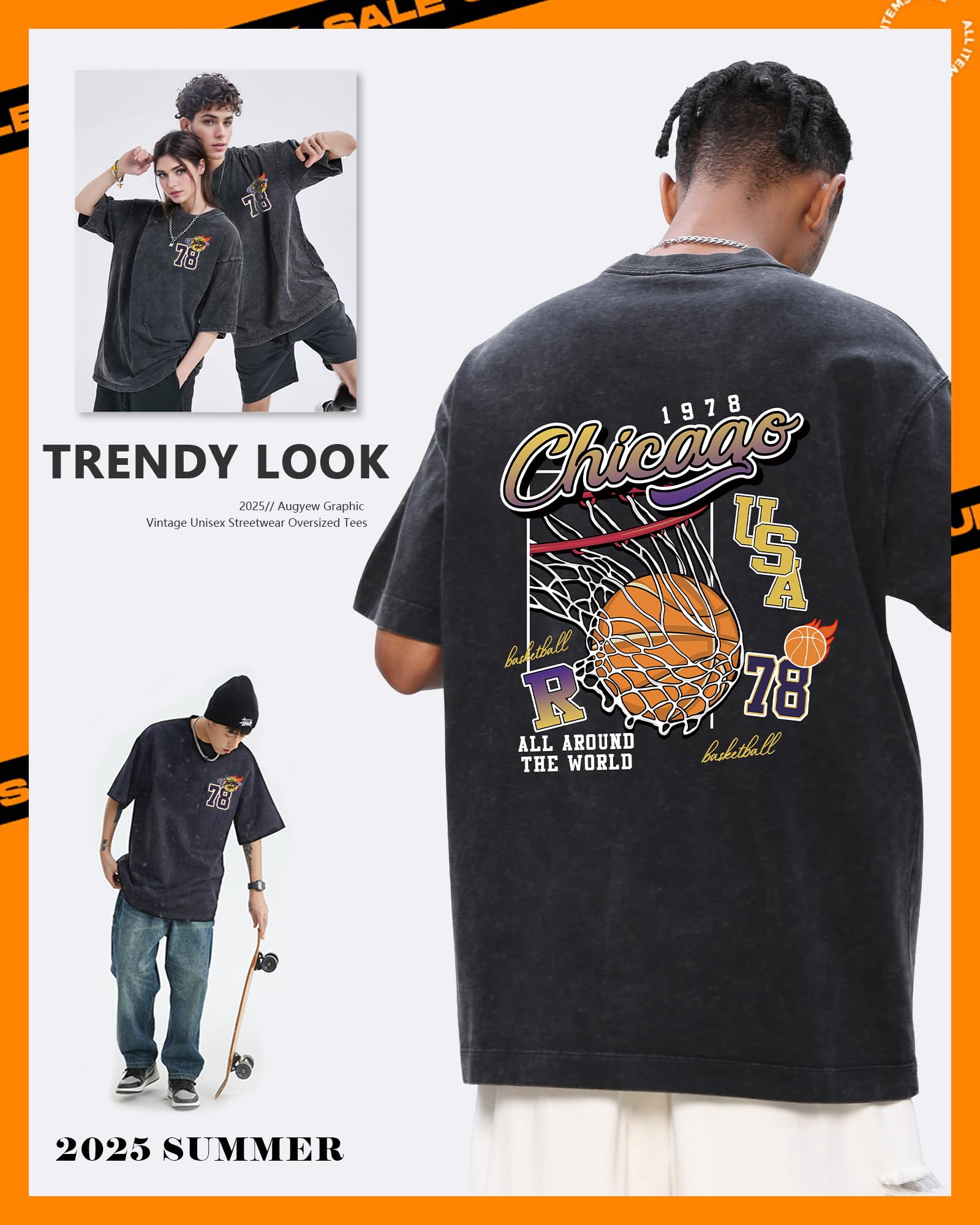 AugYew Mens Graphic Tees Vintage Unisex Acid Wash Printed Streetwear Cotton Oversized T-Shirts Loose Fit Basic Summer Trendy Tops for Men Women,Black,M