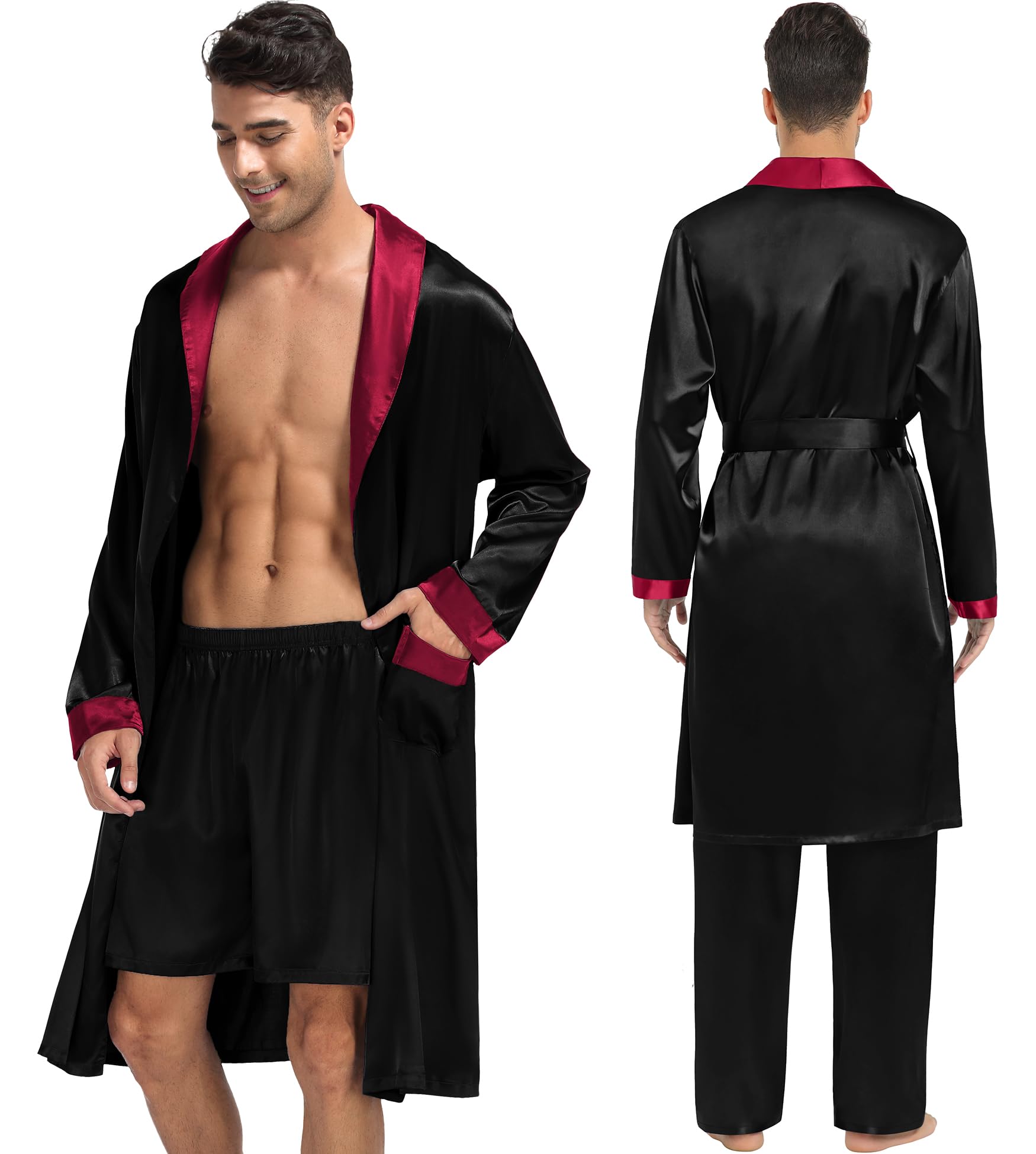 SWOMOG Men's 3 Pcs Robe Silk Satin Kimono Bathrobe with Shorts&Pants Set Lightweight Soft Sleepwear