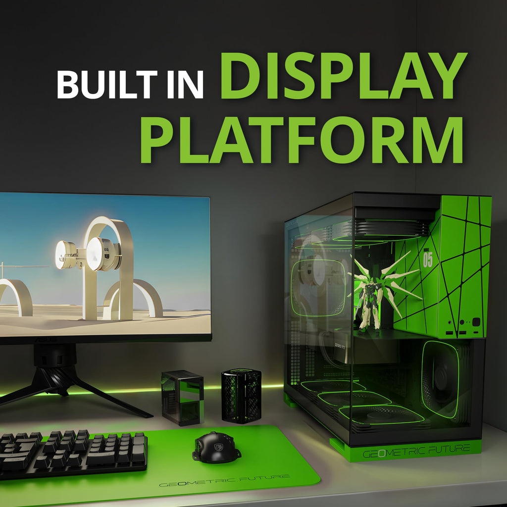 Geometric Future M5 Tempered Glass Mid Tower, E-ATX/ATX Gaming Case, 1.2mm Steel, Type C, Toolless Panels, Support 420/360 Radiator, ARGB PWM 140m Fan x 5 Pre-Installed, Black/Green, GEO-M5F-BNY