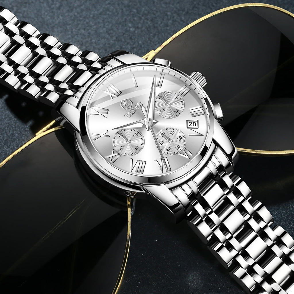 Taxau Silver Watches for Men Stainless Steel Chronograph White Face Multi-Function Men Wristwatch Analog Quartz Fashion Roman Numeral Date Men's Dress Watches Water Resistant Luminous Watch