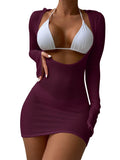 Lilosy Sexy Crochet Sheer Long Sleeve Cover Up Swim Bathing Suit Beach Dress One Piece See Through Swimwear Purple Medium
