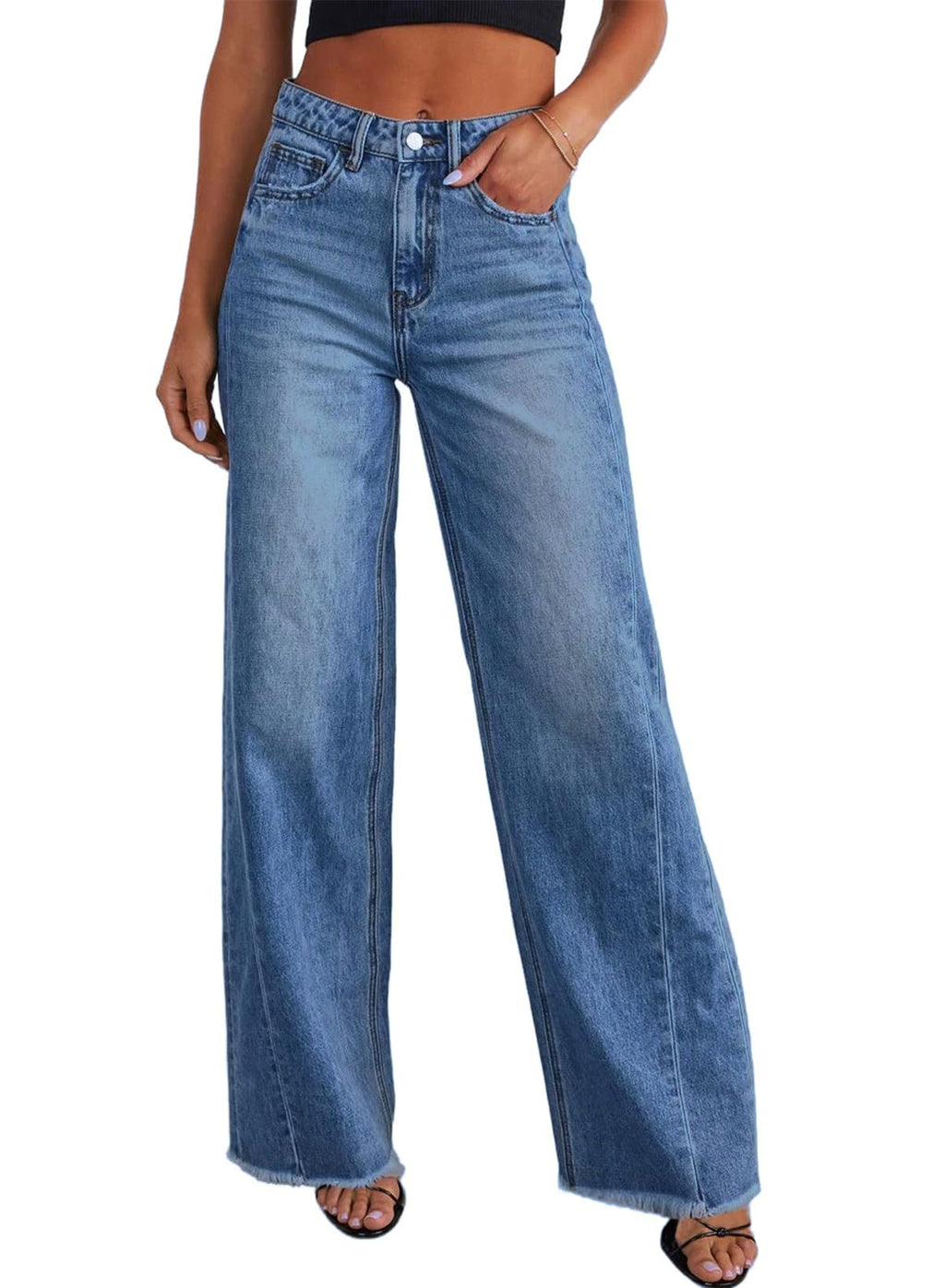 Sidefeel Women's Wide Leg Jeans High Waisted Stretchy Raw Hem Denim Pants Size 16 Blue