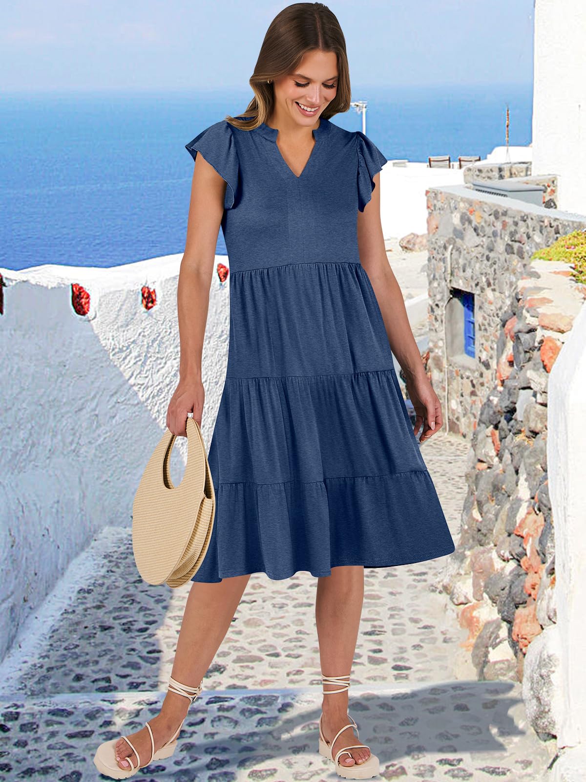 ANRABESS Womens Summer Dress Ruffle Sleeve V Neck Midi Dresses Fashion Casual Fit Flowy Tiered Boho Beach Vacation Sundress Blue-L