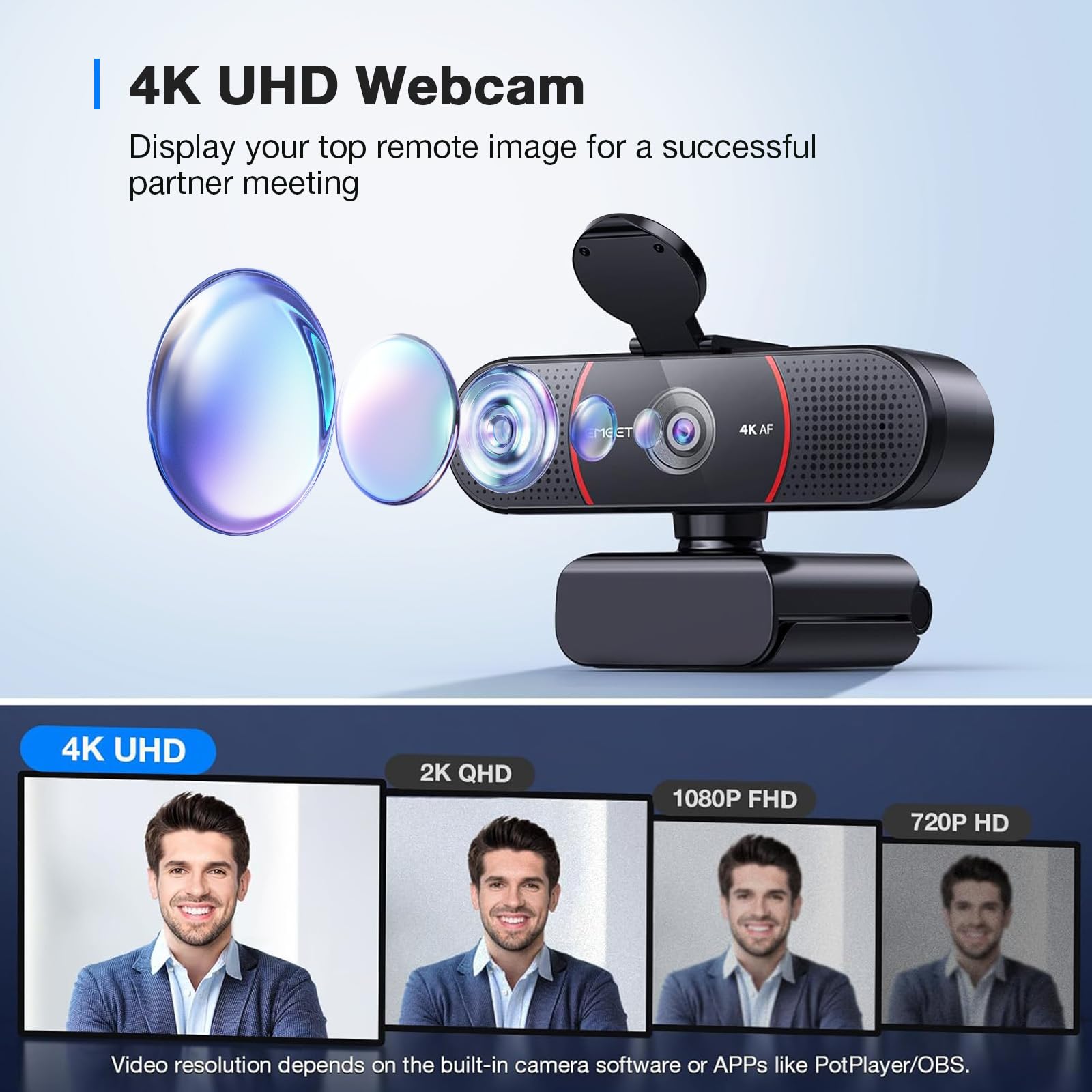 EMEET C960 4K Webcam for PC, 4K UHD Sony Sensor, PDAF Auto Focus, Dual AI Noise-Cancelling Mics, Auto Light Correction, 73° FOV, Plug&Play Webcam w/Privacy Cover, Works w/Zoom/Teams/Skype/Google Meet