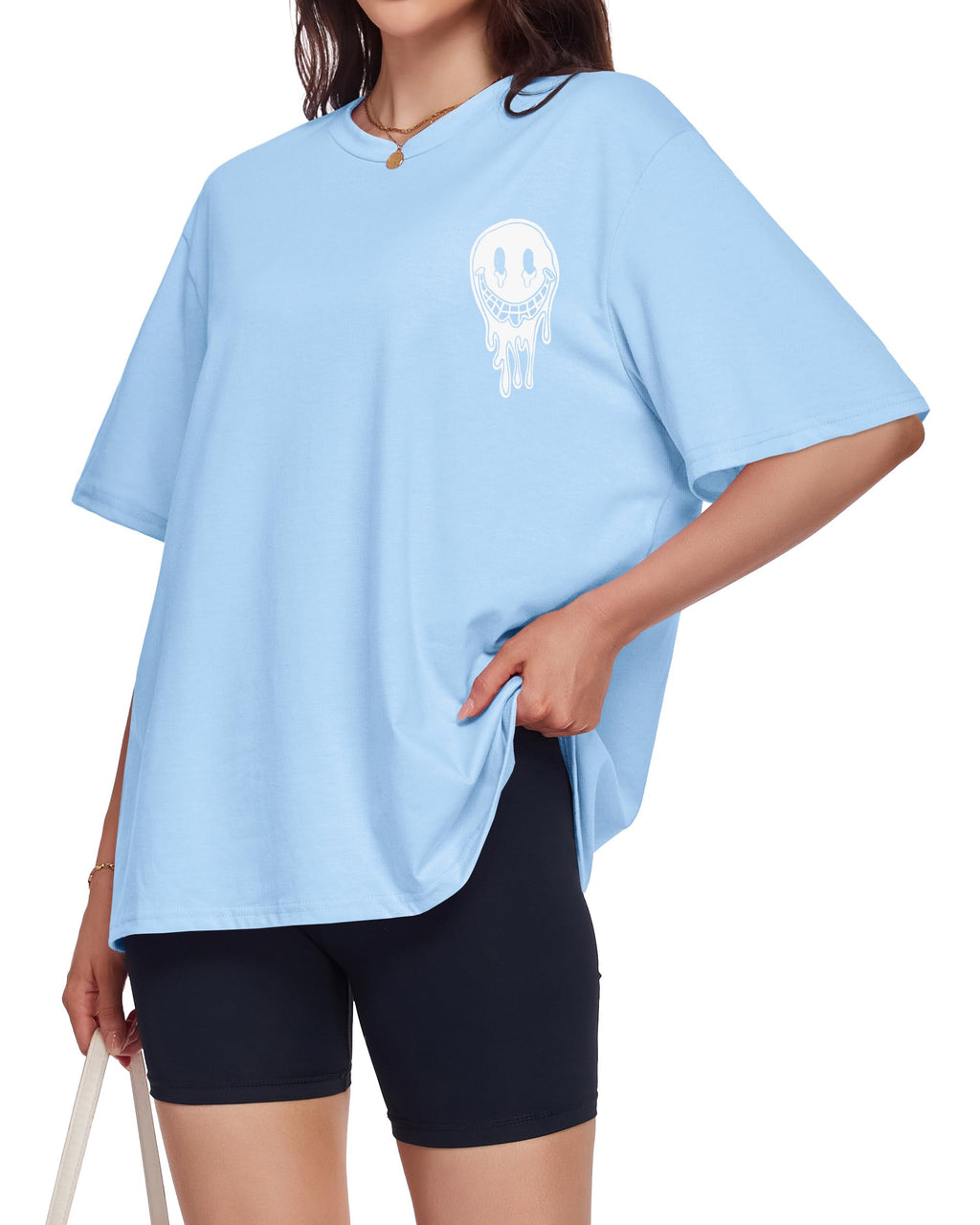 ADOREJOY Oversized Tshirts for Women Crewneck Summer Graphic Tees Short Sleeve Loose Basic Tops, Blue White Print, L