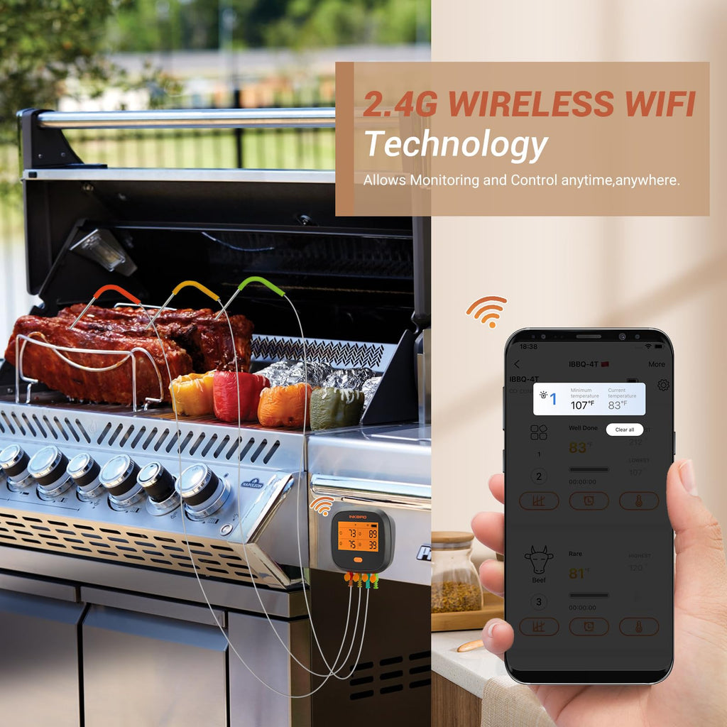 INKBIRD WiFi Meat Thermometer IBBQ-4T, Wireless WiFi BBQ Thermometer for Smoker, Oven | APP Calibration Temp Graph | Mobile Notification Timer Alarm | Rechargeable Digital Grill Thermometer, 4 Probes