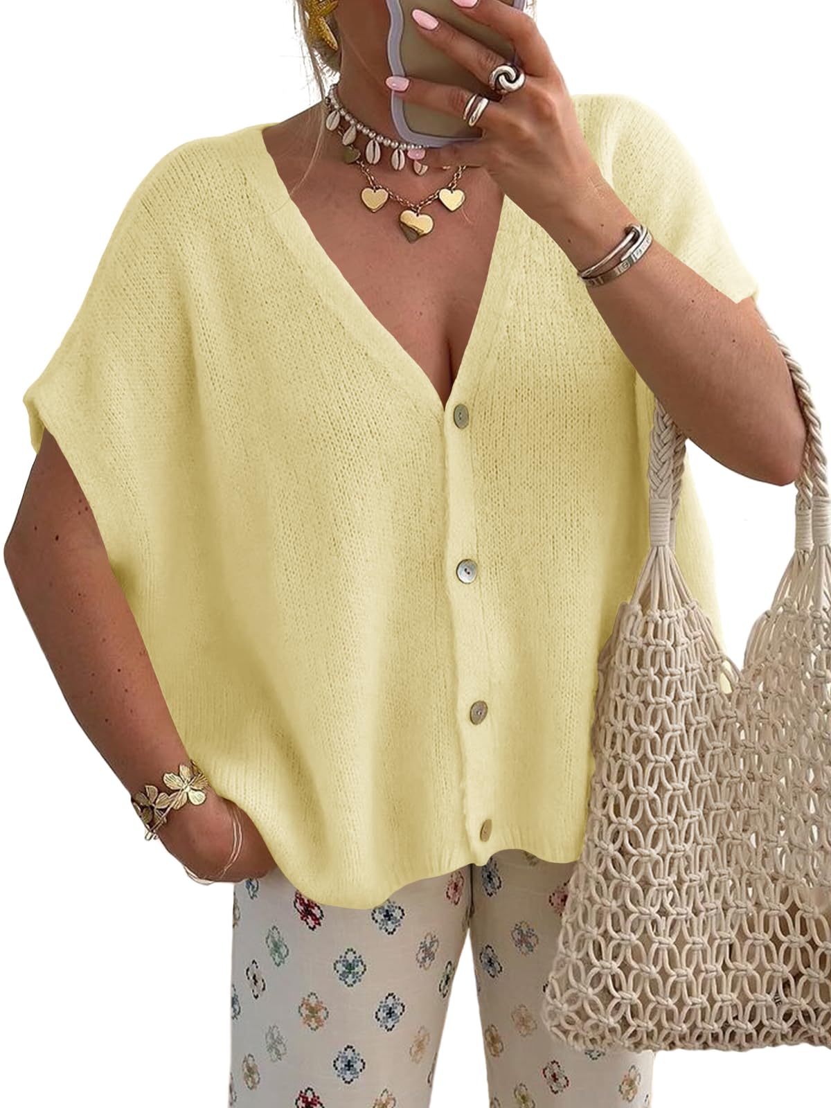 Saodimallsu Womens Spring Oversized Cardigans Batwing Short Sleeve Lightweight Button V Neck Casual Knit Sweater Tops Yellow