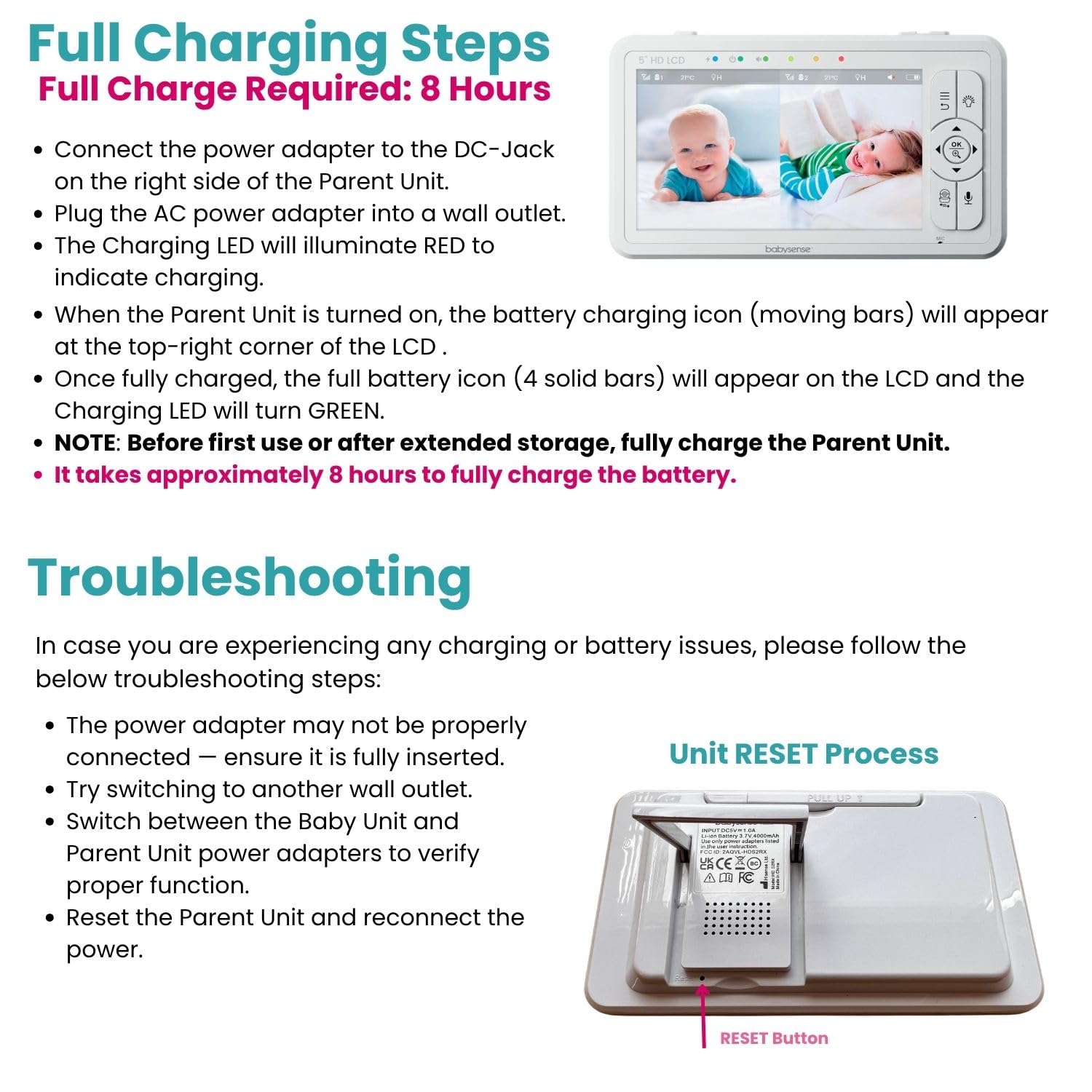 Babysense 5" HD Split-Screen Baby Monitor, Video Baby Monitor with 2 Cameras and Audio, Night Light, 1000ft Range, Two-Way Audio, 4X Zoom, Night Vision, 4000mAh Battery