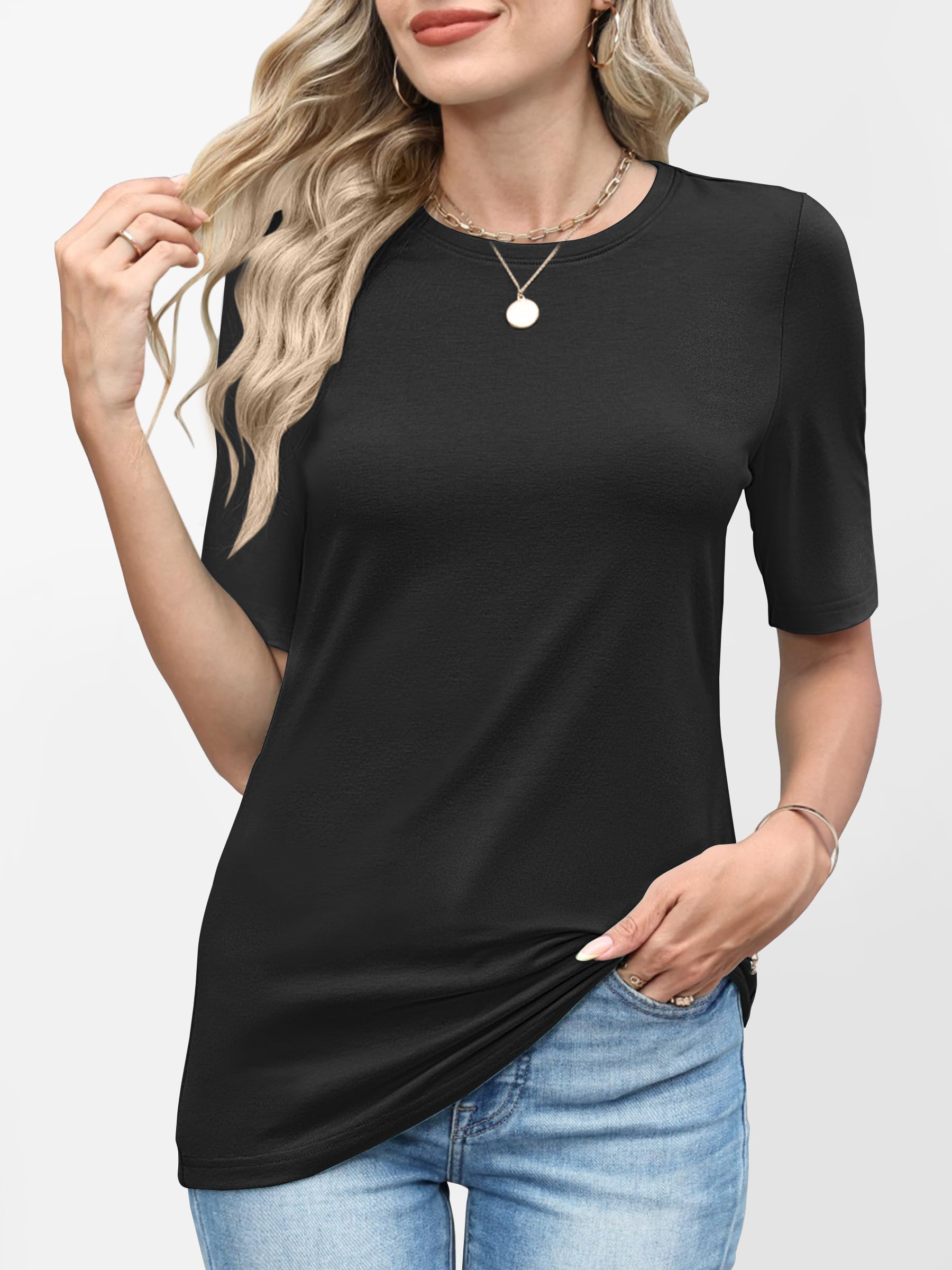 ANRABESS Womens Half Sleeve Tops Crewneck Shirts Basic Fit Tee Trendy 2026 Spring Summer Business Casual T-Shirts Black M