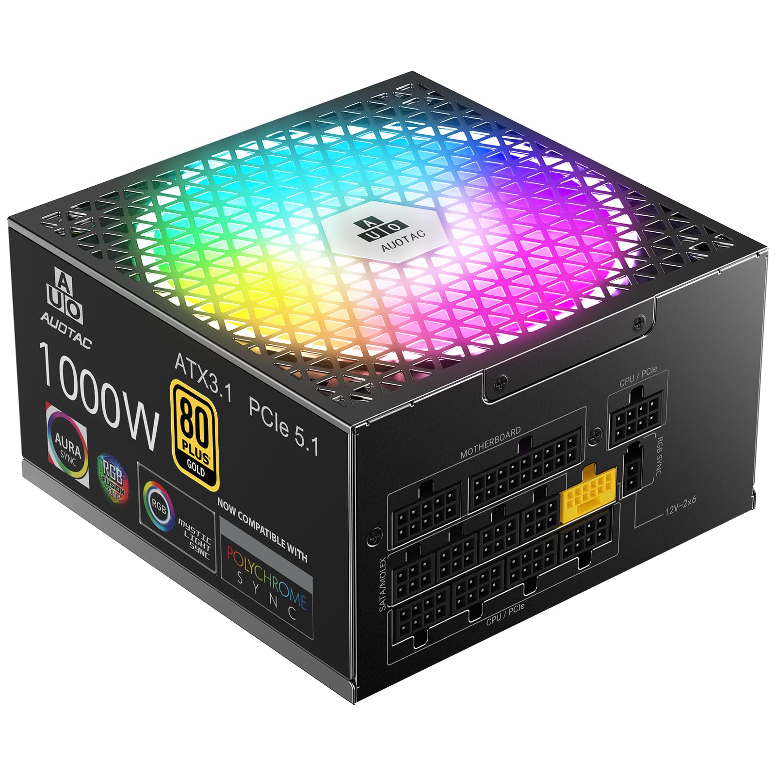 Auotac 1000W Fully Modular Power Supply 80+ Gold Certified with 12V-2x6 Cable – ATX 3.1 & PCIe 5.1 Compliant, 140mm RGB Low-Noise Smart Fan, 105℃-Rated Capacitors, Black
