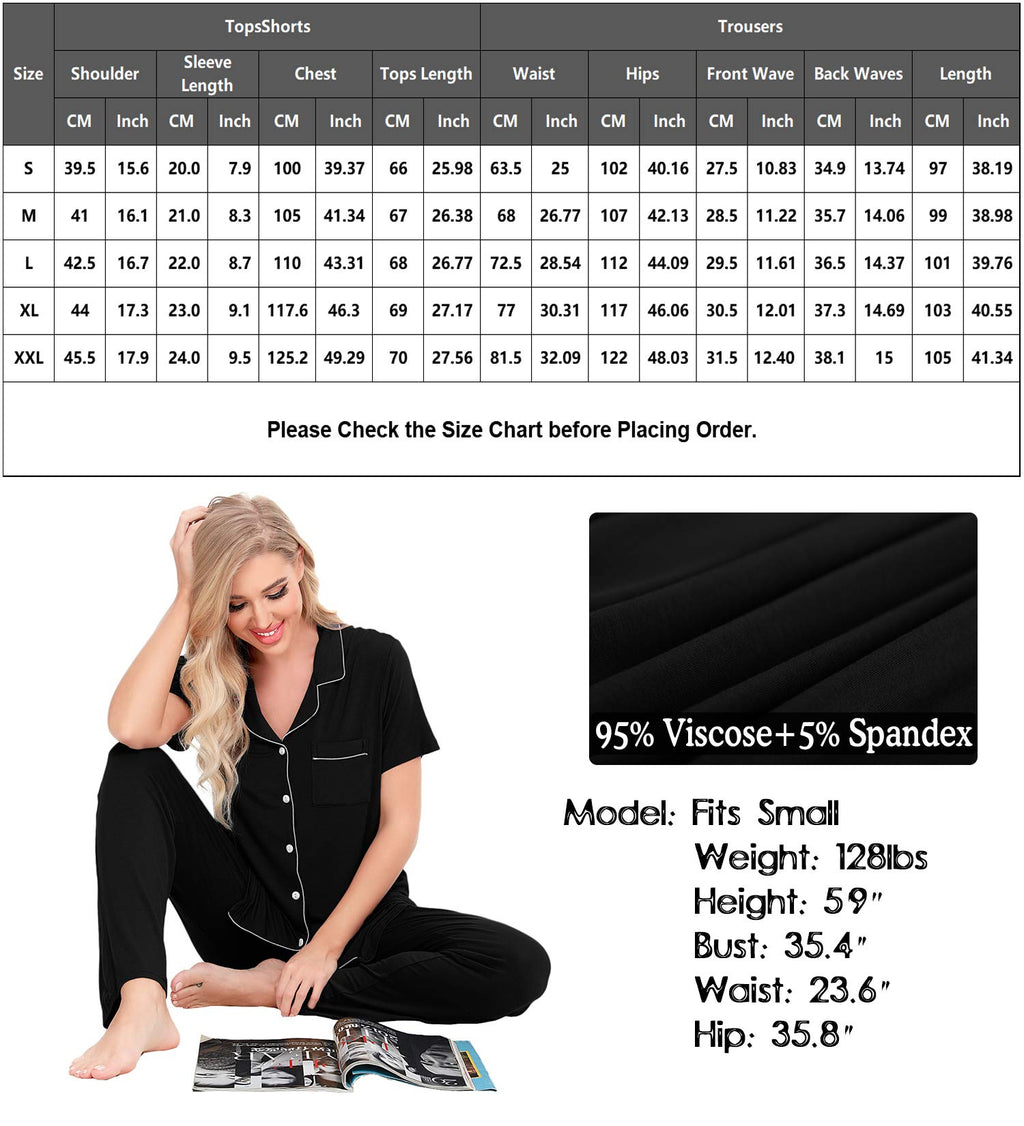 SWOMOG Women Pajama Sets Two-Piece Nightwear Short Sleeve Sleepwear Button Down Pj Lounge Sets with Long Pants Black