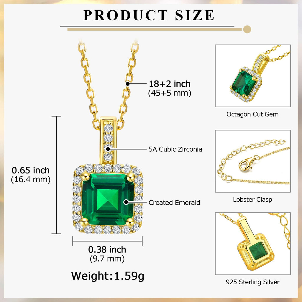 AGRULE Simple Emerald Necklace for Women Wedding Anniversary 14K Gold Plated Sterling Silver Rolo Chain Diamond Accented Green Solitaire Pendant