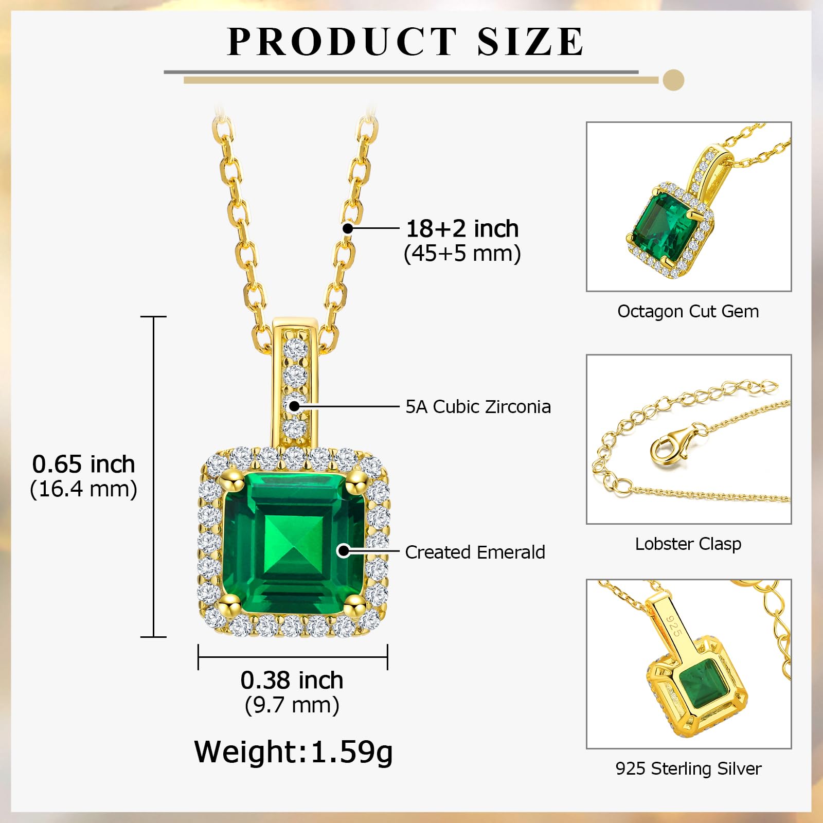 AGRULE Simple Emerald Necklace for Women Wedding Anniversary 14K Gold Plated Sterling Silver Rolo Chain Diamond Accented Green Solitaire Pendant