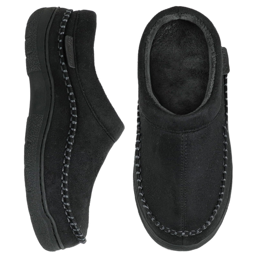Zigzagger Men's Slip On Moccasin Slippers, Indoor/Outdoor Warm Fuzzy Comfy House Shoes, Fluffy Wide Loafer Slippers,Jet Black, 7-8 D(M) US
