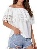 WDIRARA Women's Off the Shoulder Ruffle Trim Short Sleeve Lace Blouse Casual Tops Beige S
