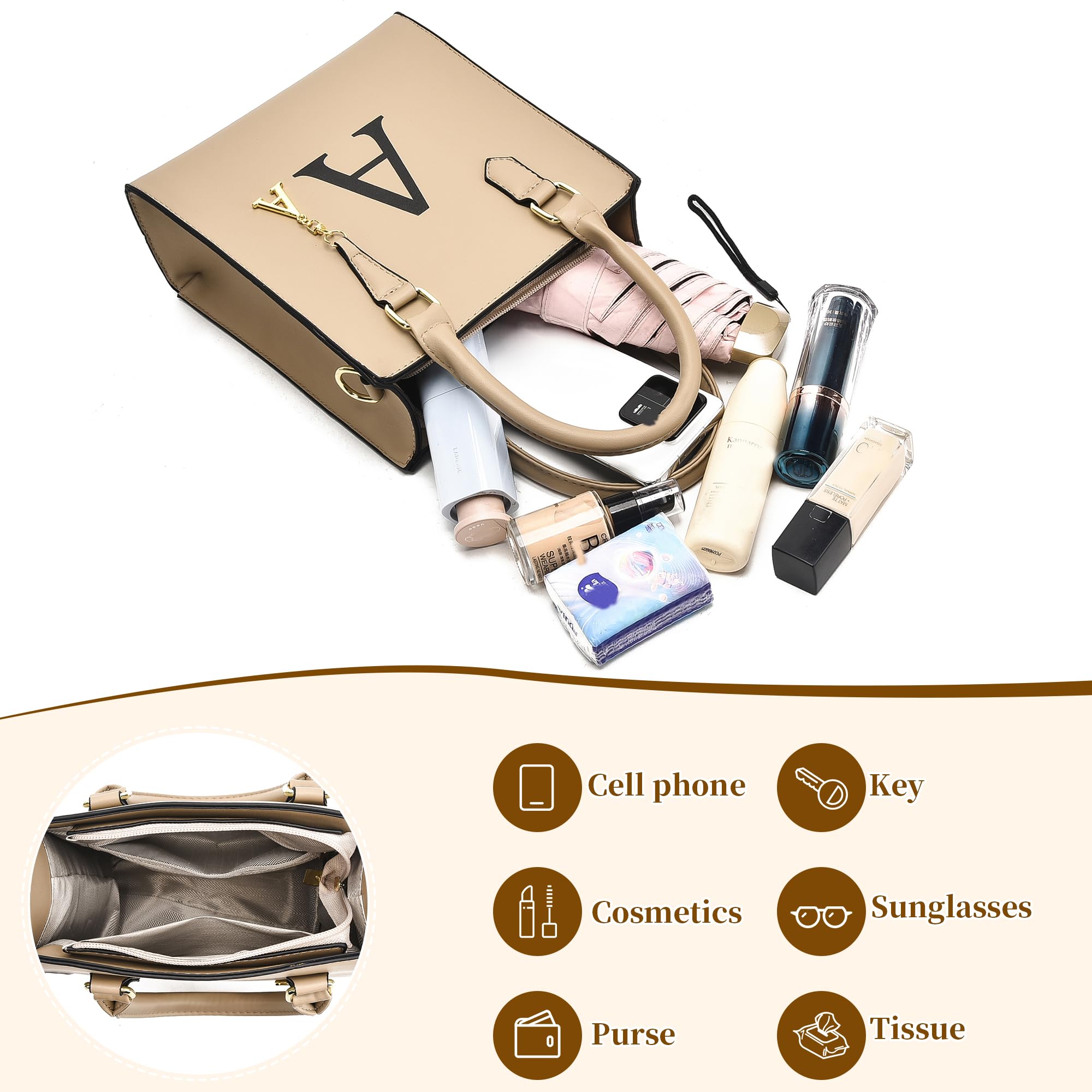 I IHAYNER Women Tote Bags Trendy Personalized Initial Shoulder Bag Top Handle Satchel Purse for Women Crossbody Hobo Handbags (Khaki-S)