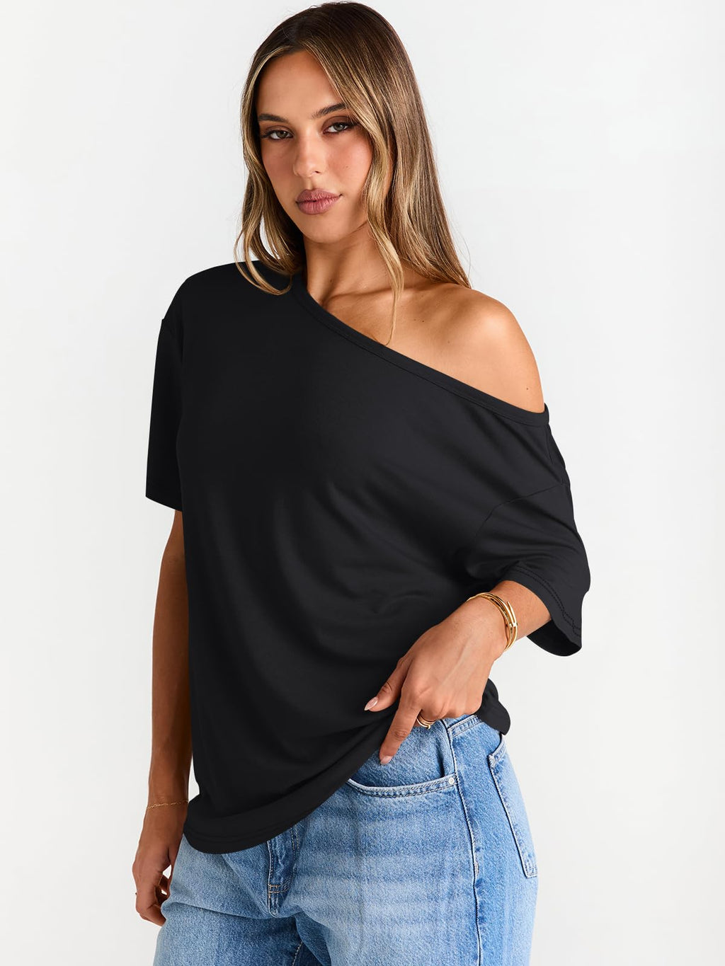 Trendy Queen Womens Off The Shoulder Tops Oversized T-Shirts Short Sleeve Tees Summer 2026 Casual Spring Clothes Workout Gym Y2k Cute Going Out Plus Size Fashion Clothing Black M